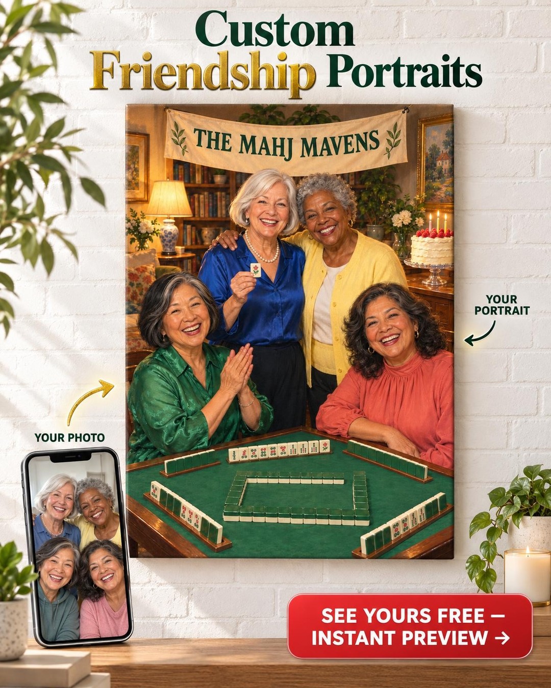 Mahjong Group Custom Portrait from Photo | Personalized Mahjong Portrait Gift