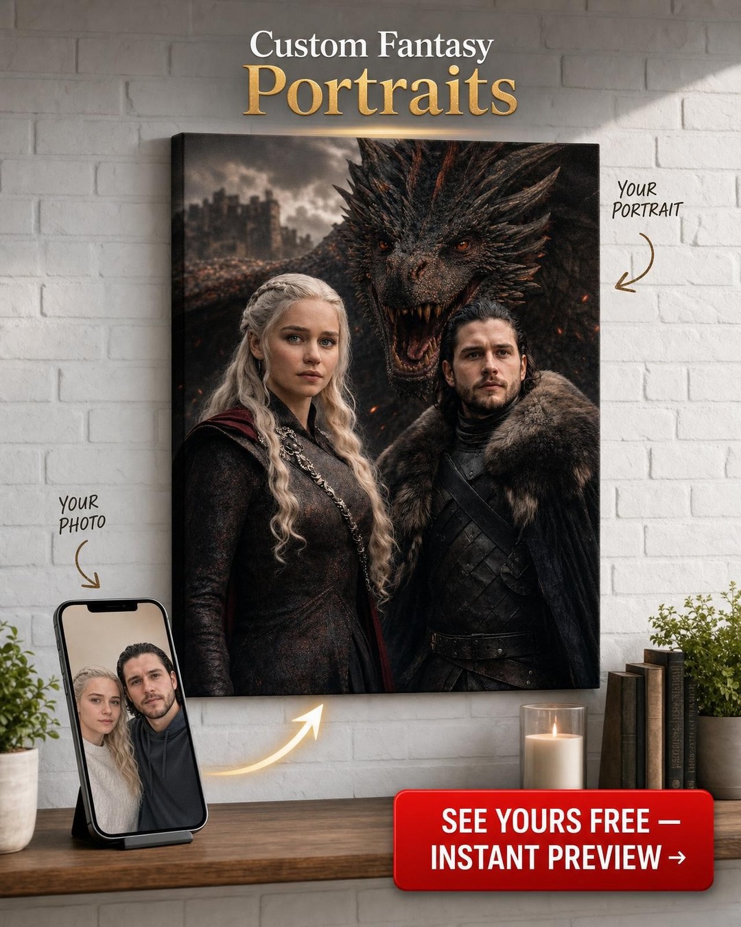Custom Fantasy Couple Portrait — Heroic Dragon Throne Canvas