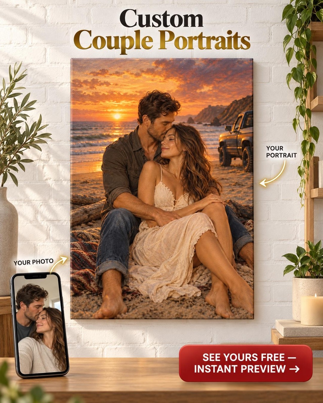 Romantic Couple on the Beach Custom Portrait from Photo | Personalized Canvas Gift