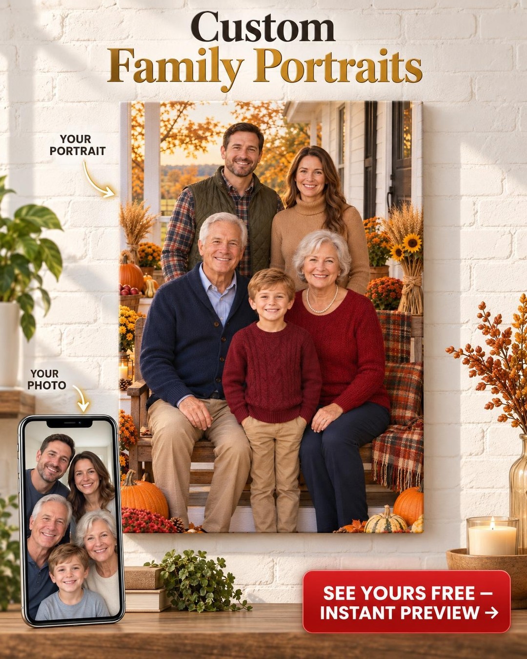 Custom Thanksgiving Family Portrait — Three-Generation Farmhouse Porch Canvas from Photo (Family of 5)