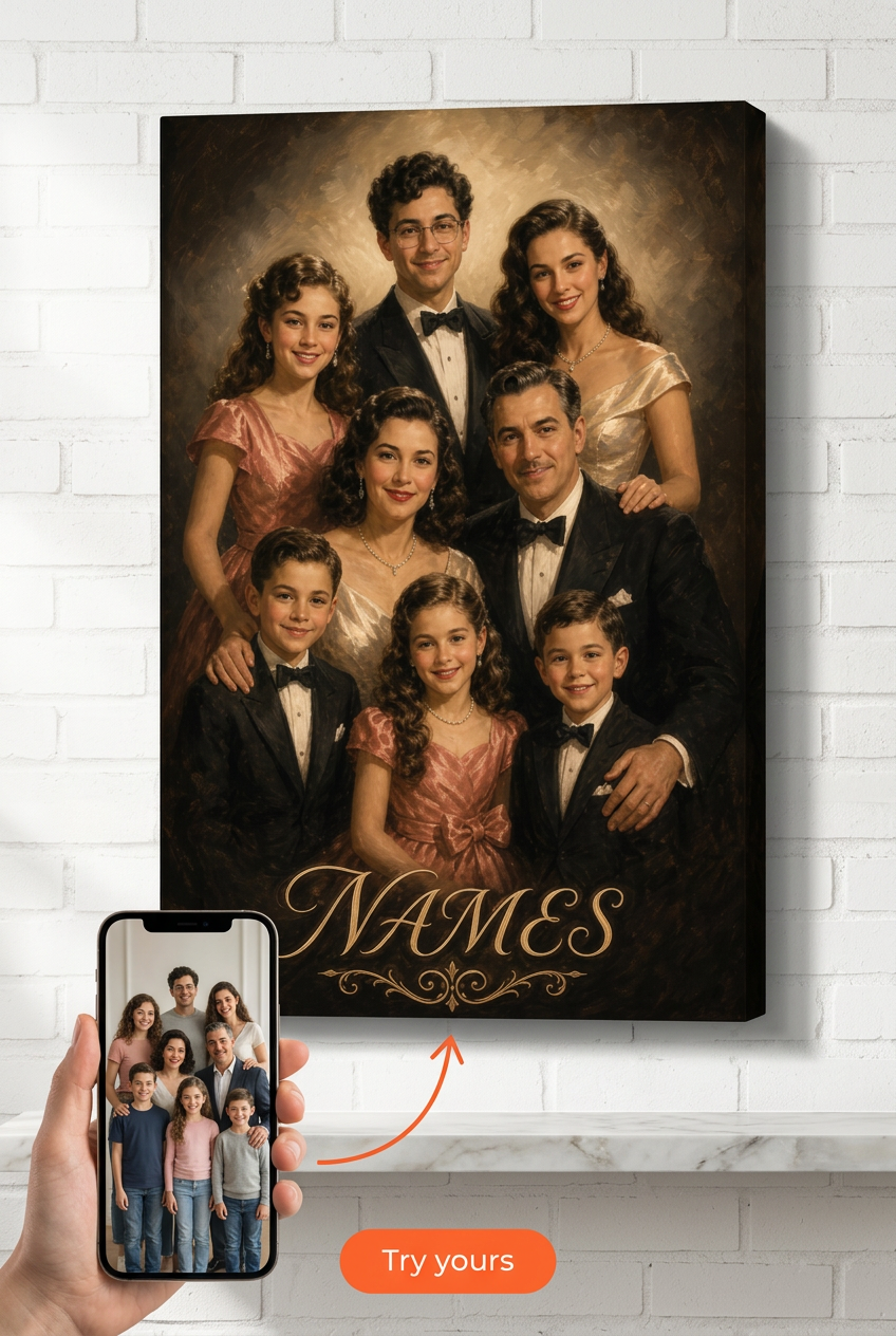 Custom 1940s Hollywood Family Portrait from Photo | Personalized Gift