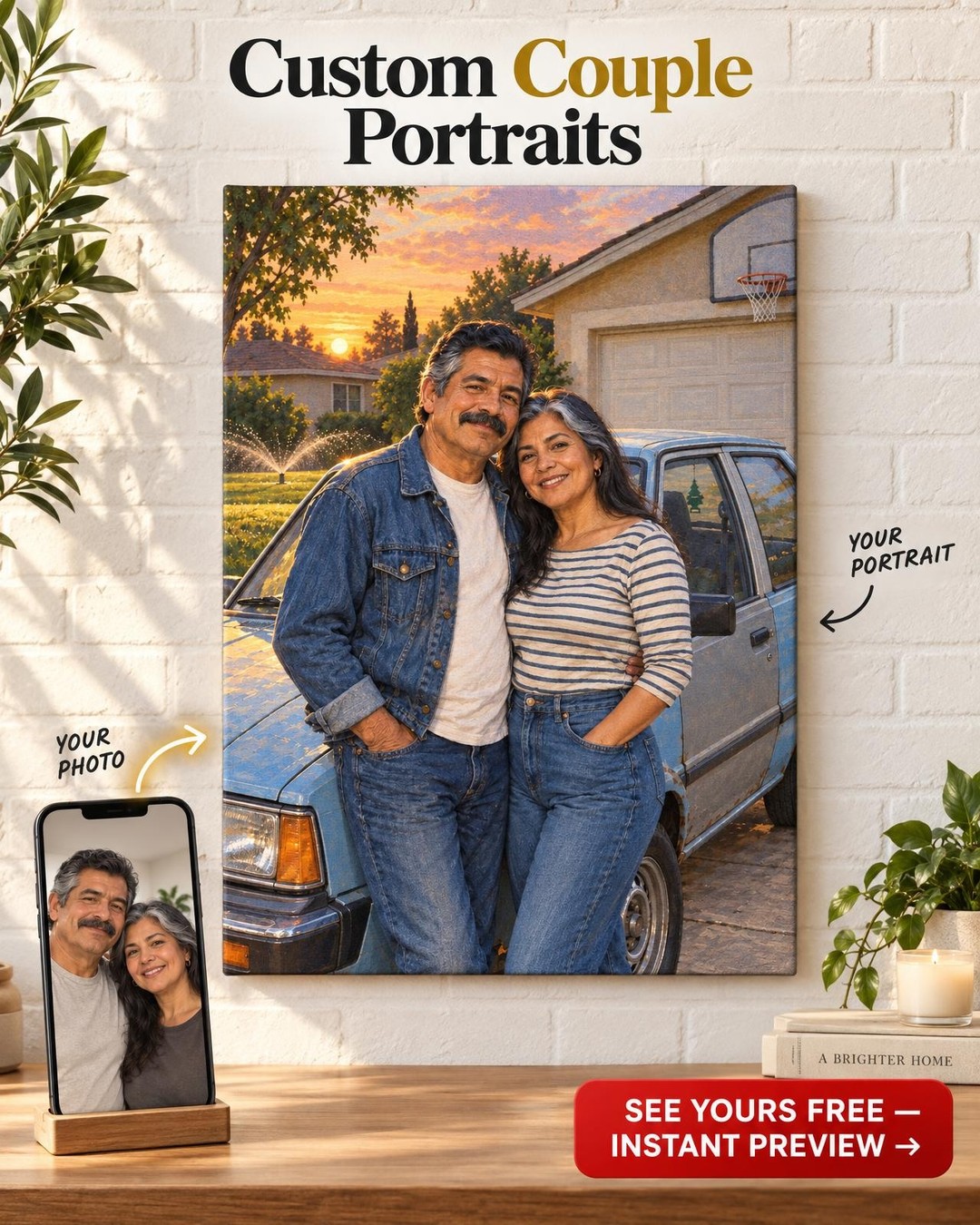 Our First Car Couple Custom Portrait from Photo | Personalized Classic Car Portrait Gift
