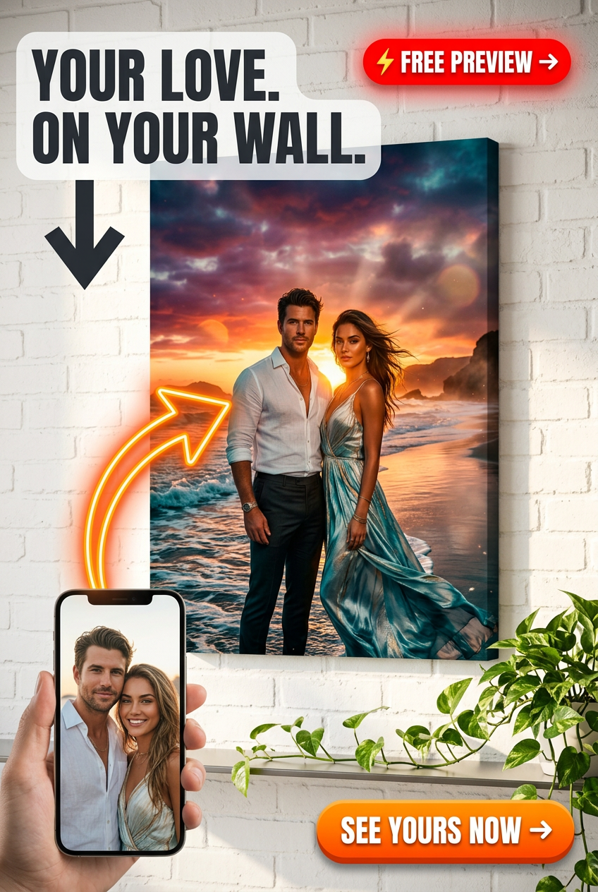 Custom Sunset Couple Portrait — Romantic Ocean Canvas from Photo