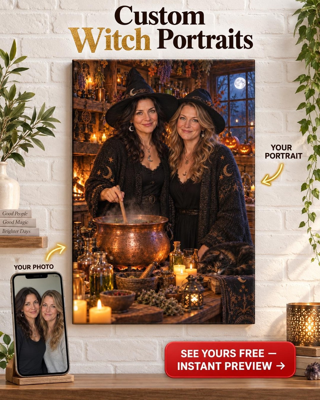 Cozy Witch Cottage Custom Portrait from Photo | Personalized for Two Women Gift