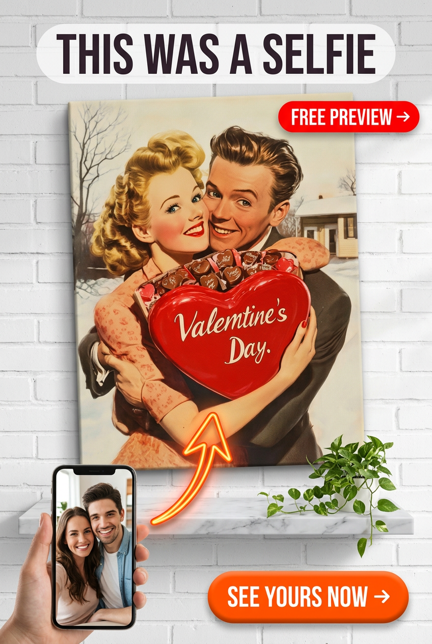 Custom Valentine Couple Portrait — Romantic Heart Canvas from Photo