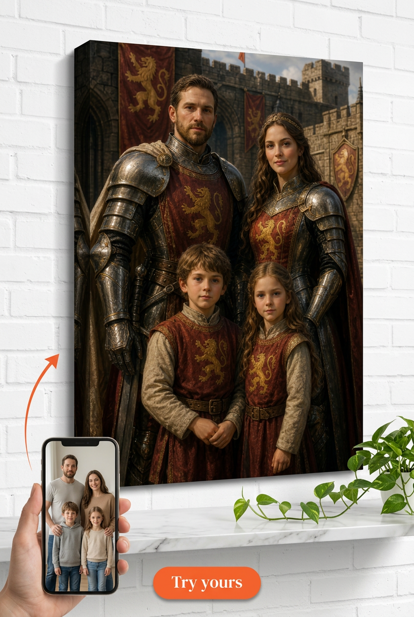Custom Knight Family Portrait — Regal Armor Canvas from Photo