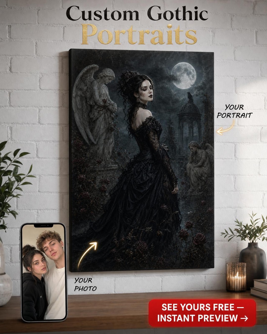 Moonlit Gothic Lady Custom Portrait from Photo | Personalized Canvas Gift