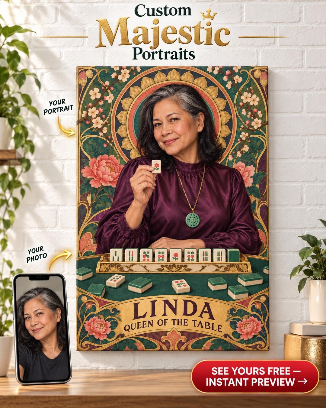 Queen of the Table Mahjong Custom Portrait from Photo | Personalized Mahjong Canvas Gift