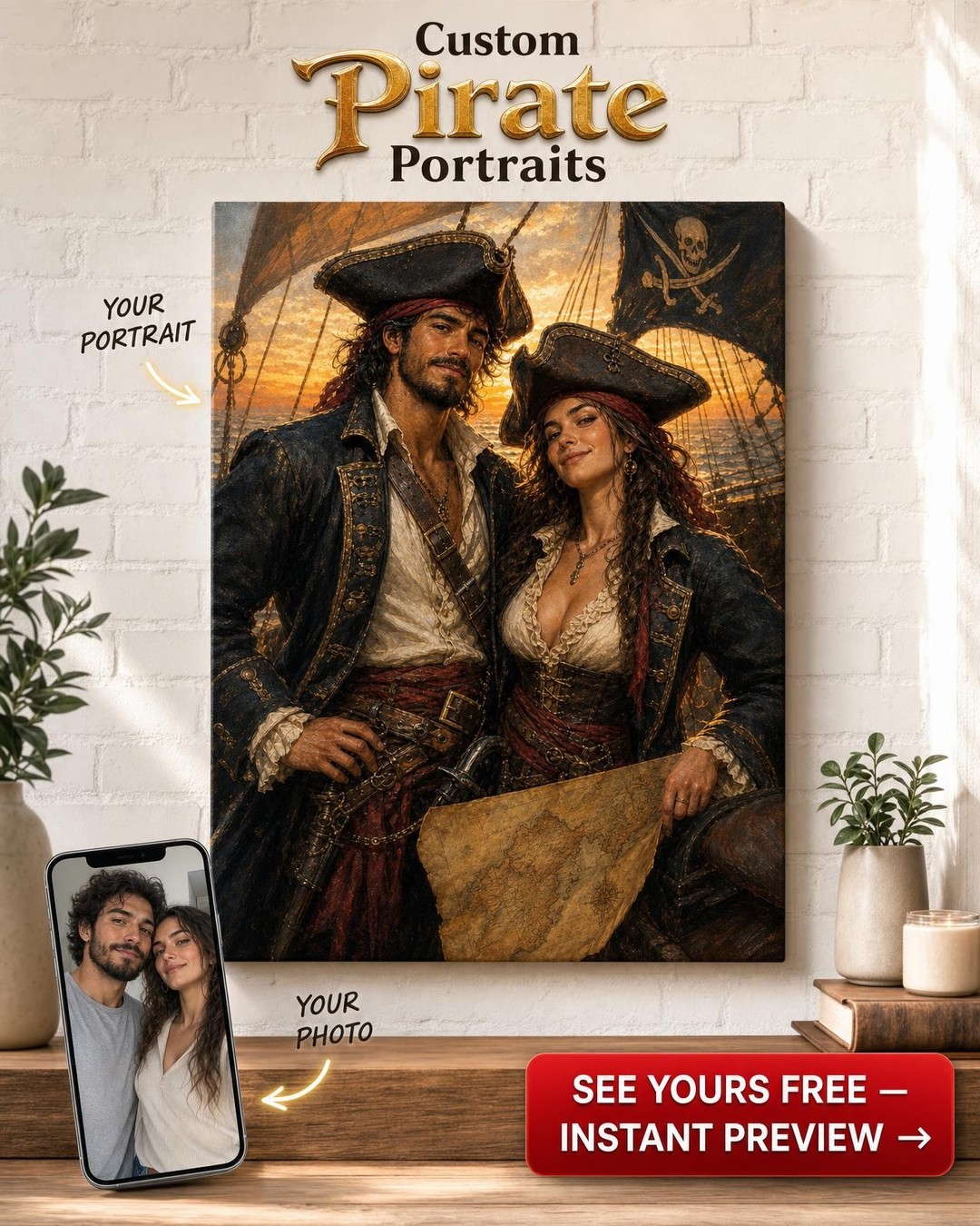 Pirates of the Sunset Sea Custom Portrait from Photo | Personalized Gifts for Couples