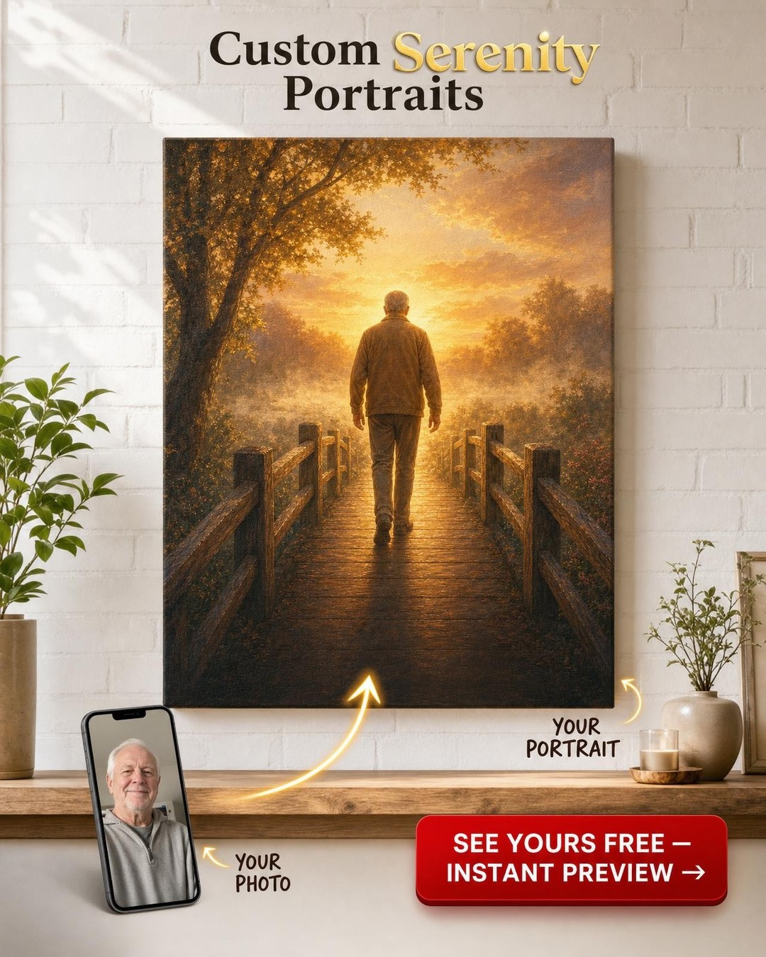 Custom Memorial Single-Man Portrait — Serene Sunset Bridge from Photo