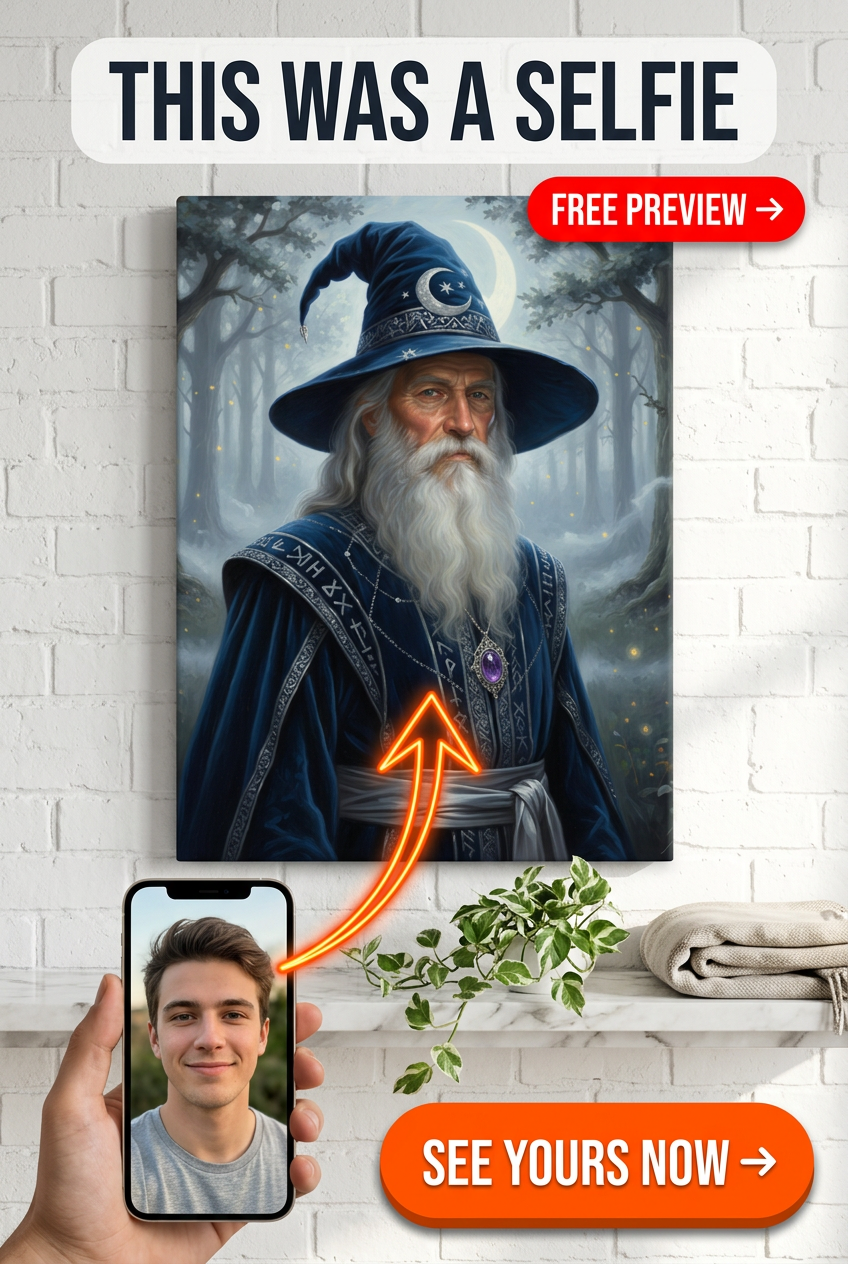 Custom Fantasy Man Portrait — Whimsical Wizard from Photo Canvas