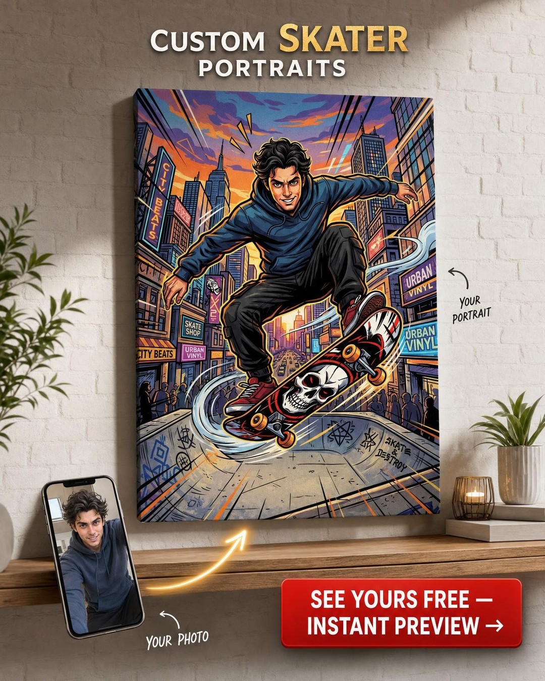 Custom Cartoon Man Portrait — Skateboard Urban Whimsy Canvas