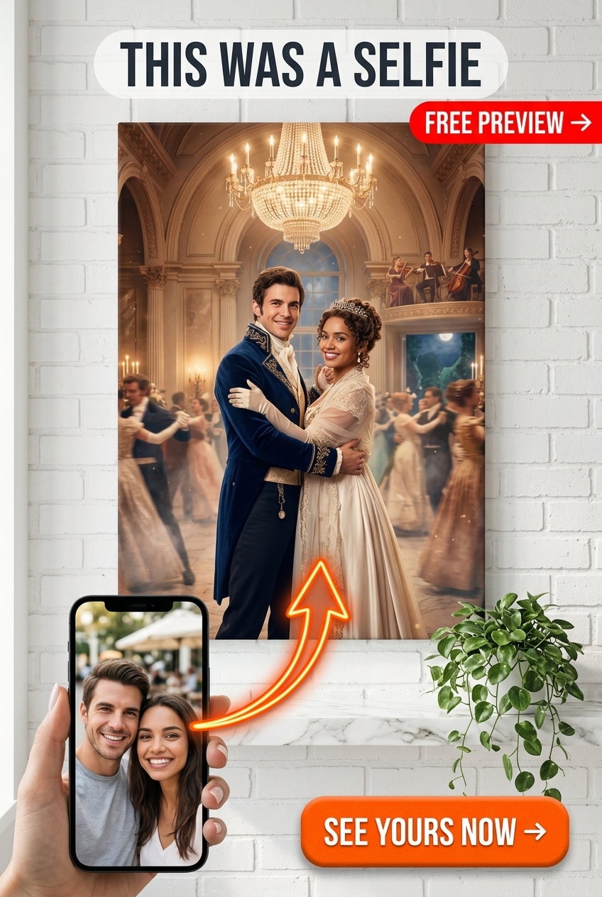 Custom Royal Couple Portrait — Romantic Ballroom Canvas from Photo