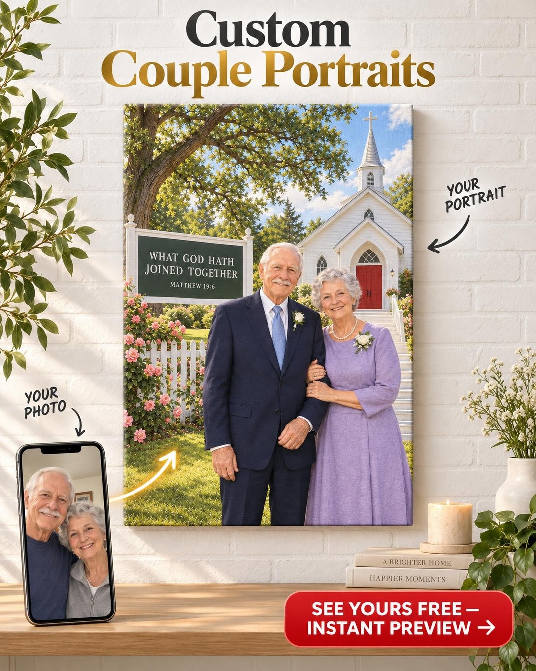 Golden Anniversary Church Couple Custom Portrait from Photo with Bible Verse | Personalized Faith Family Gift