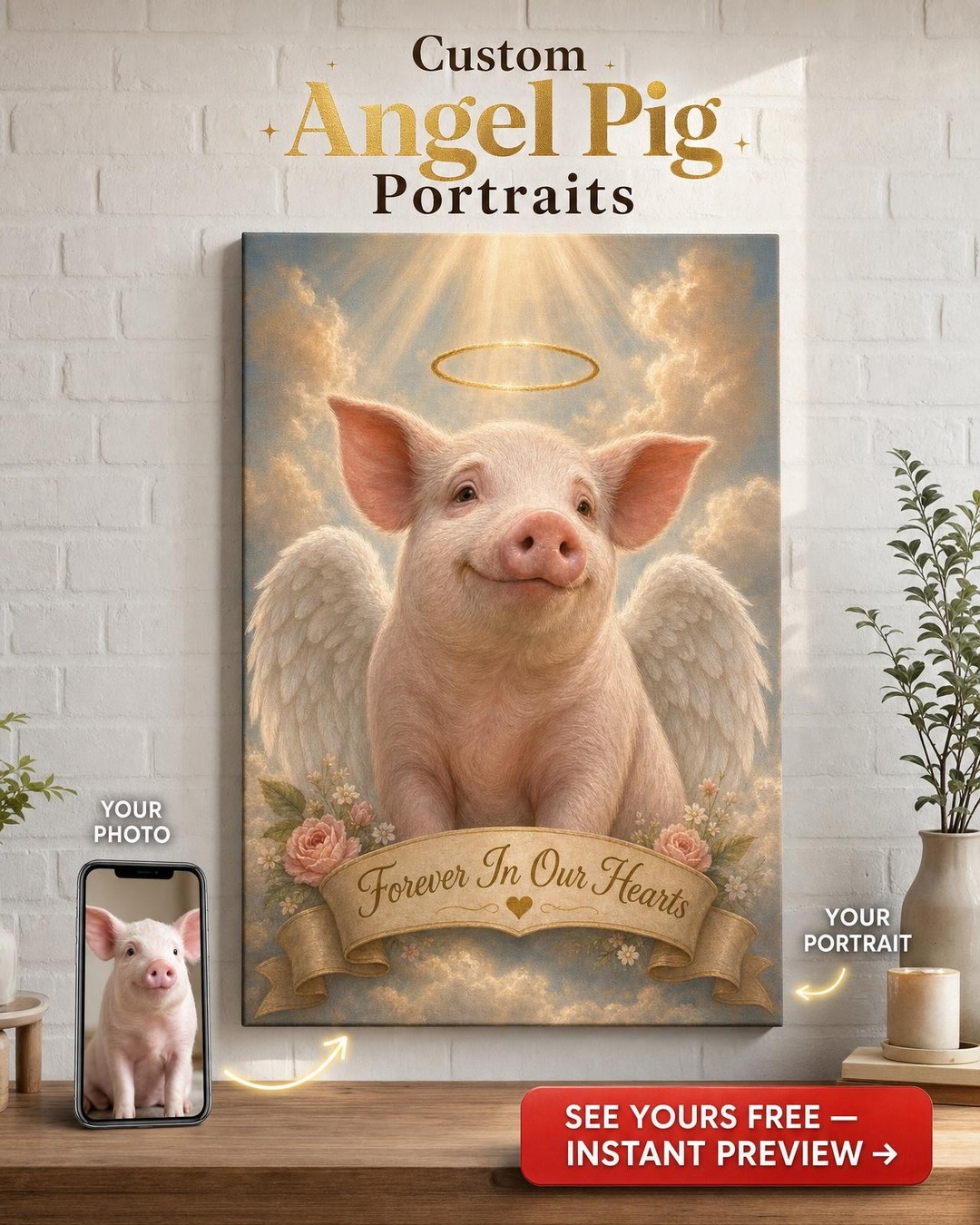 Custom Memorial Dog Portrait — Angel Wings Canvas from Photo