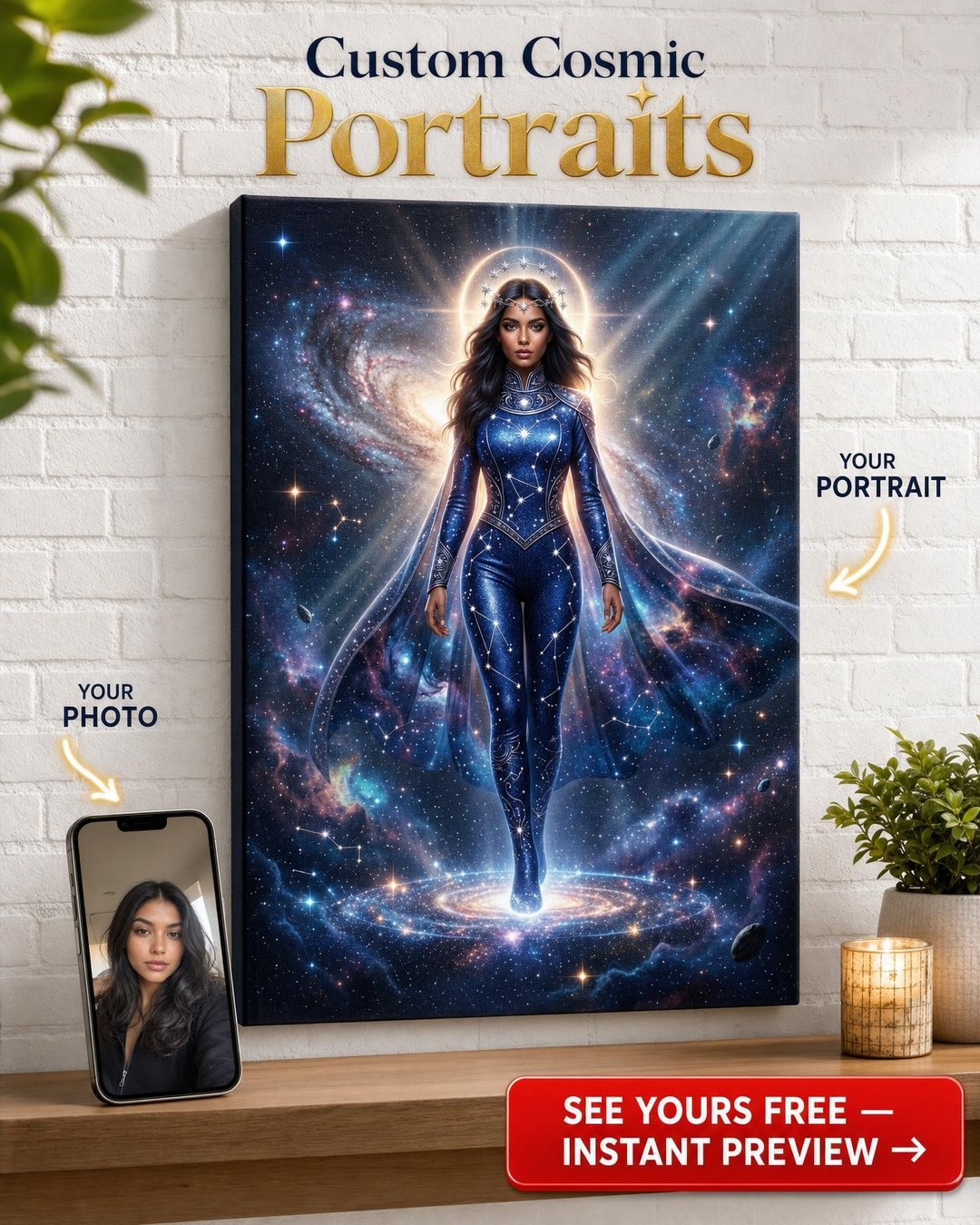 Custom Fantasy Man Portrait — Heroic Cosmic Warrior Canvas