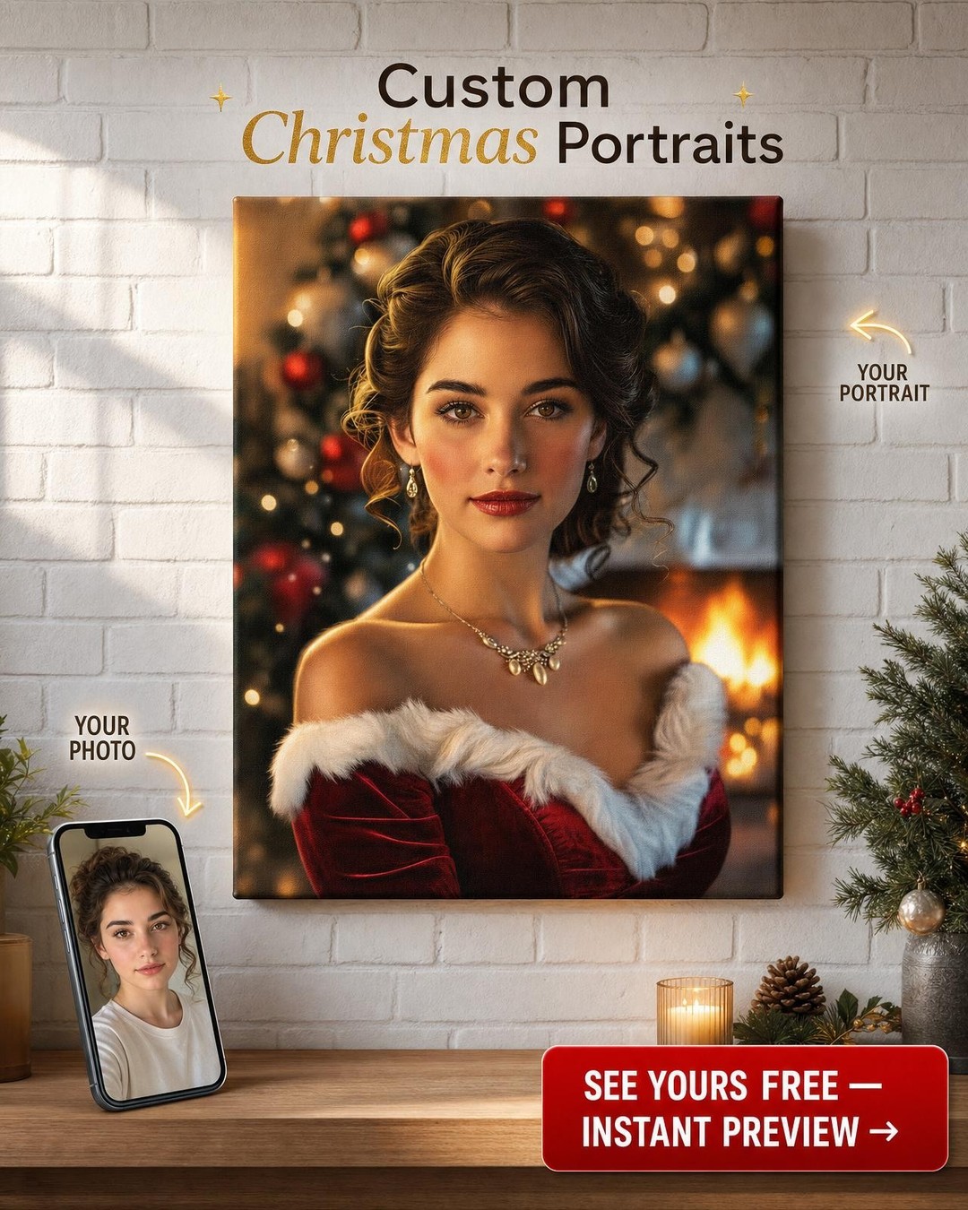 Custom Christmas Woman Portrait — Regal Red Dress Canvas