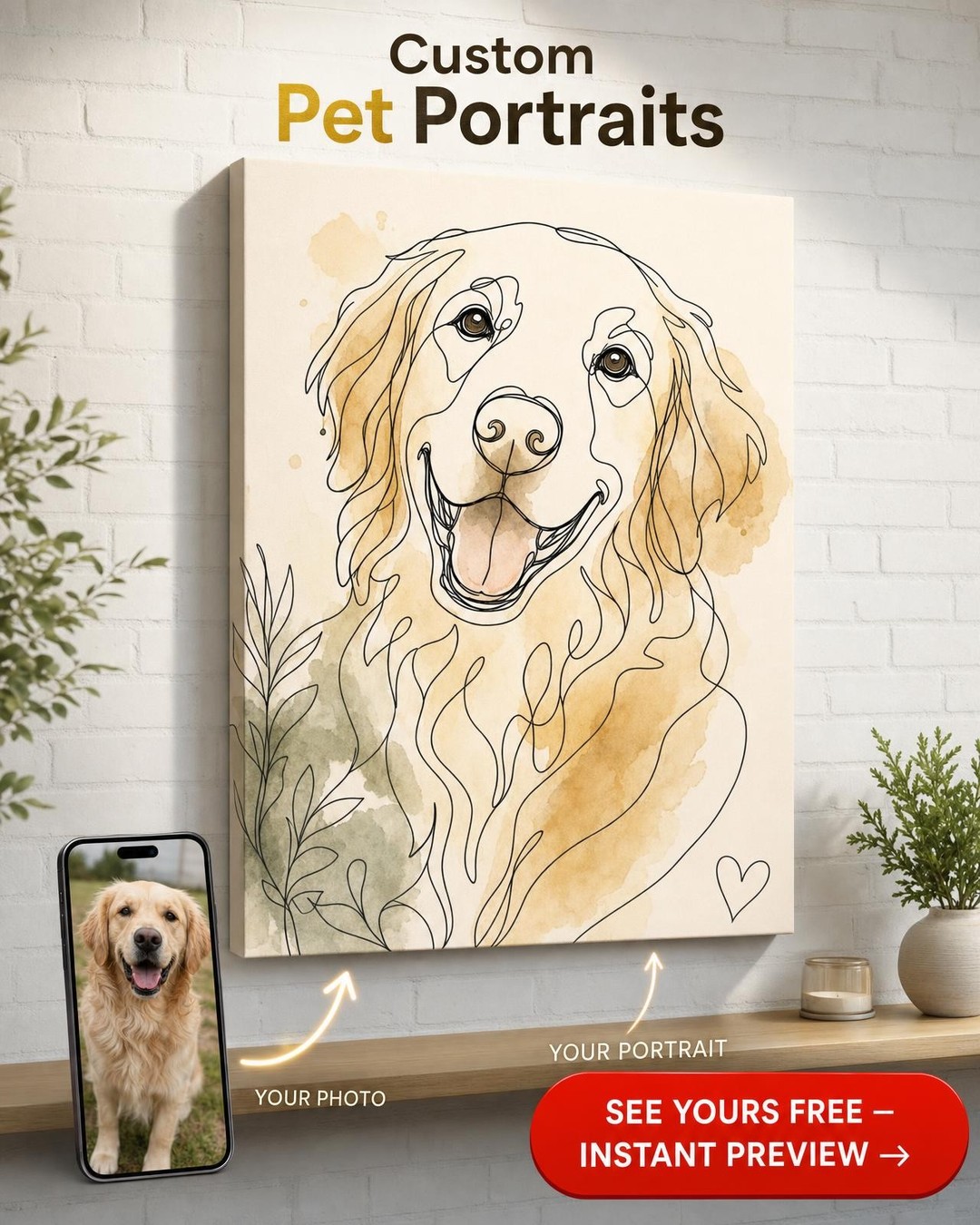 Line Art Couple Portrait — Whimsical Pet Canvas from Photo