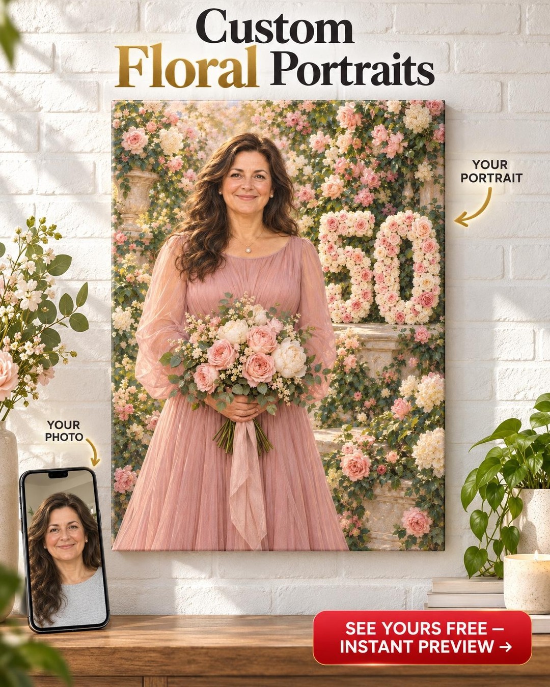Rose Numeral Birthday Custom Portrait from Photo | Milestone Birthday Gift
