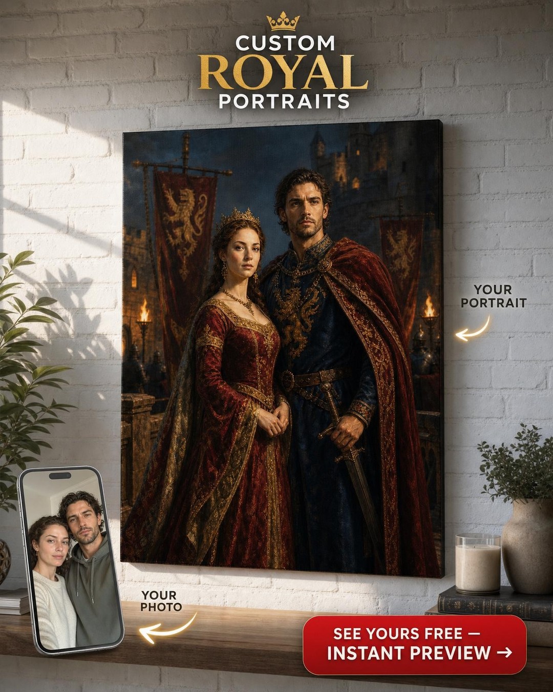 Medieval Couple Castle Custom Portrait from Photo | Personalized Canvas Gift