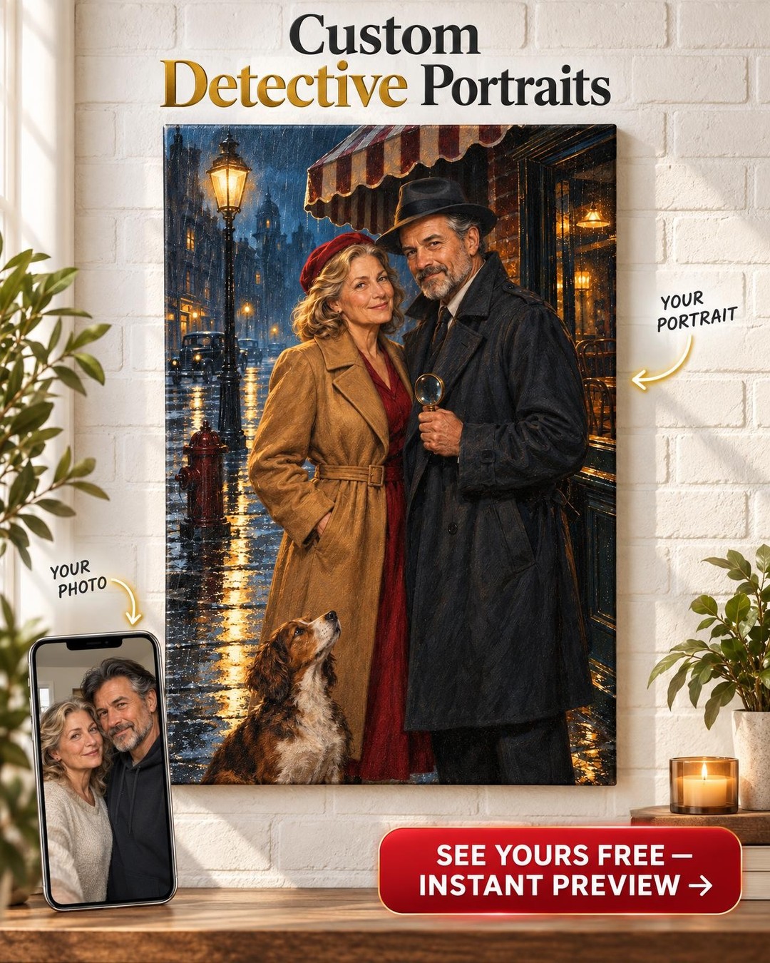 Detective Couple and Dog Custom Portrait from Photo | Personalized Film Noir Gift