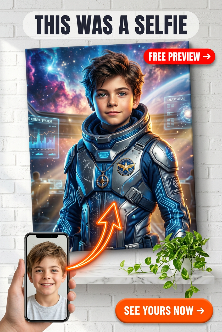 Custom Astronaut Boy Portrait — Whimsical Space Adventure Canvas