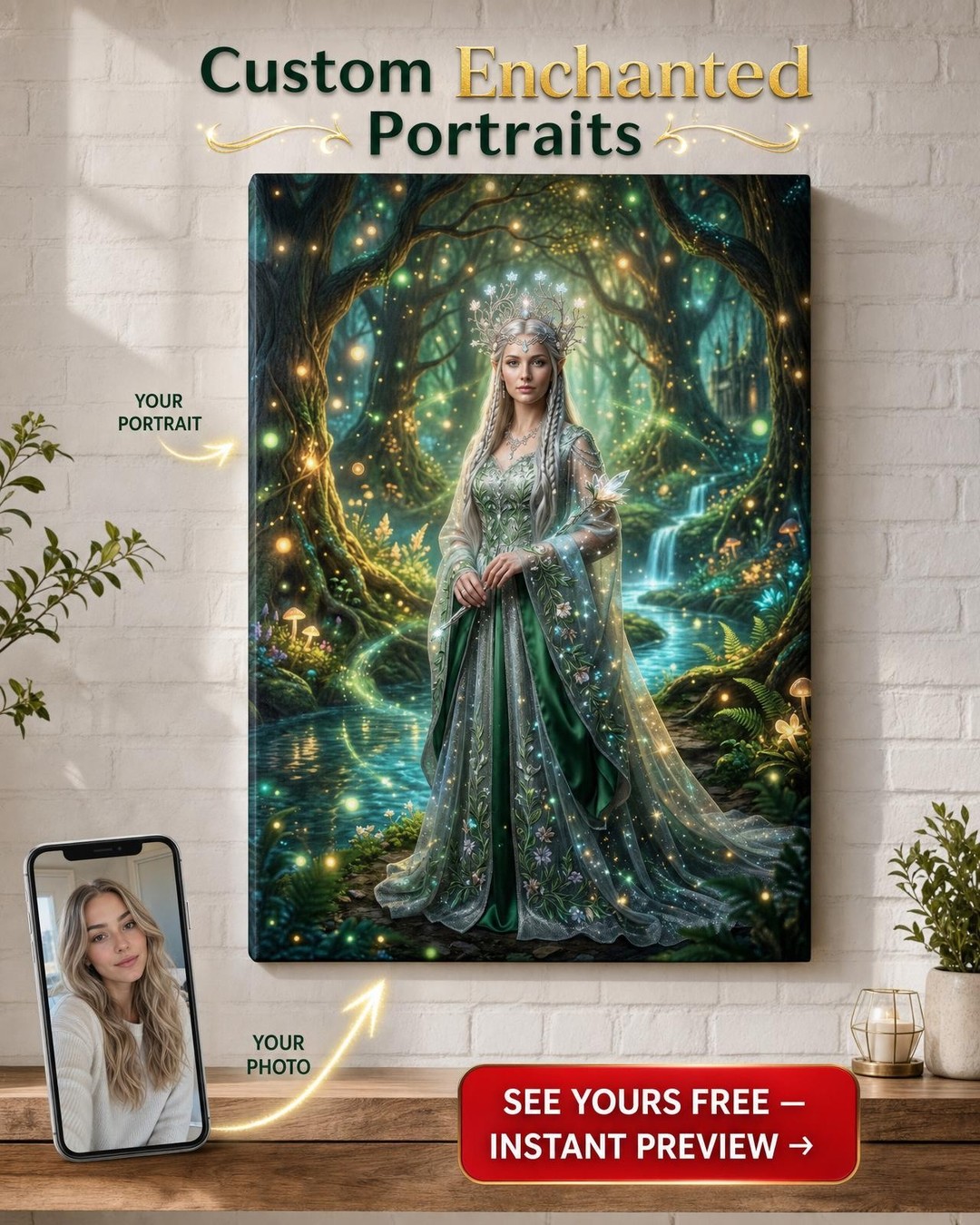 Custom Fantasy Woman Portrait — Whimsical Forest Queen Canvas
