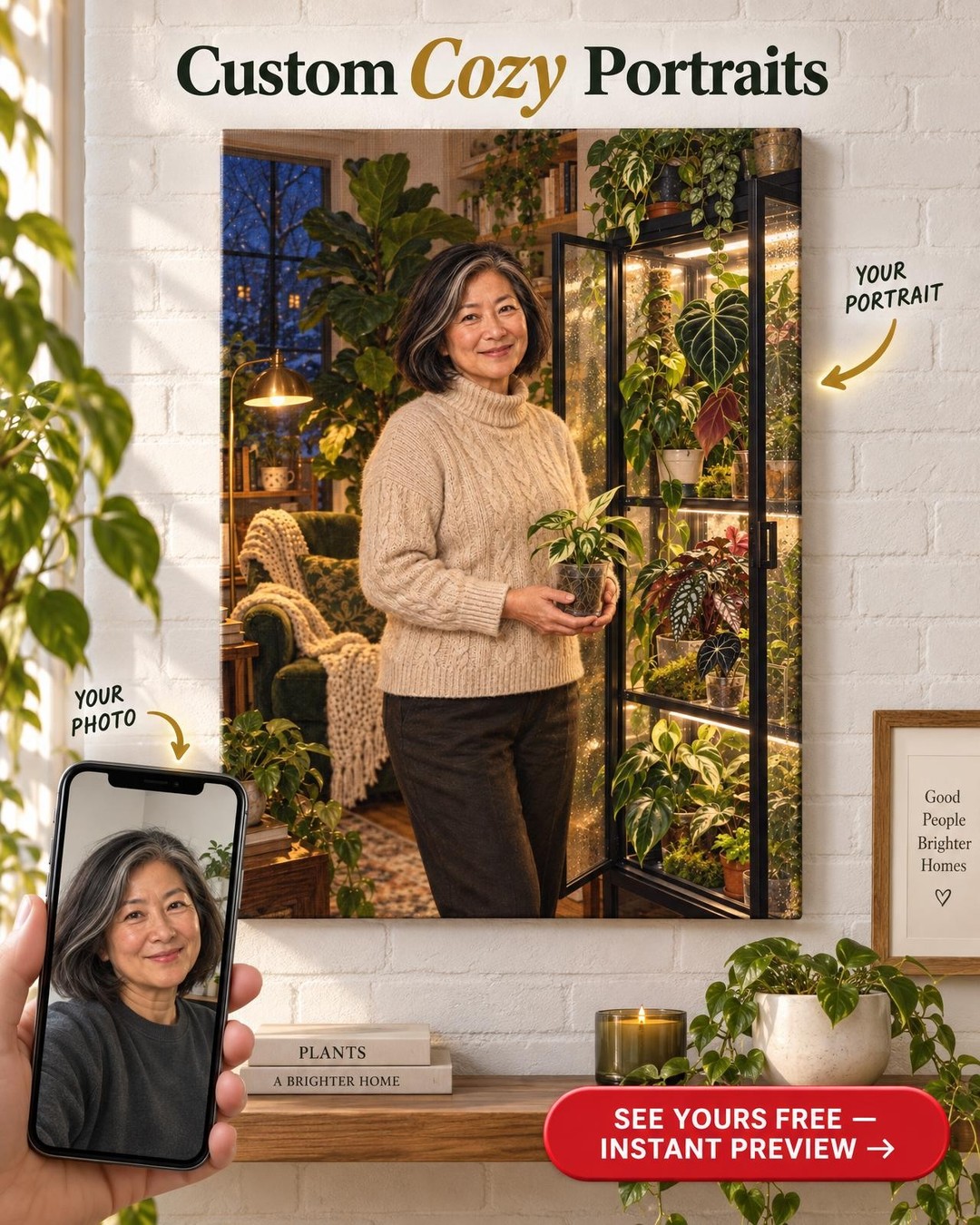 Greenhouse Cabinet Custom Portrait from Photo | Personalized Houseplants Gift