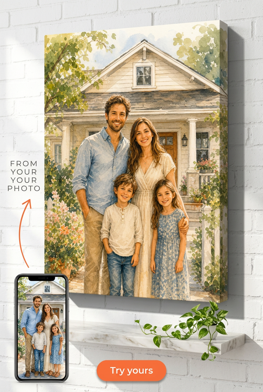 Custom Family Portrait Canvas — Serene House & Garden from Photo