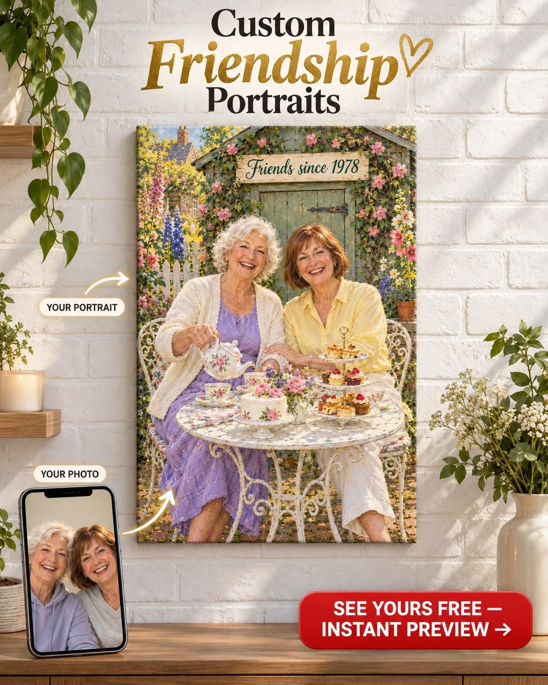 Friends Since Garden Tea Best Friends Custom Portrait from Photo | Friendship Anniversary Gift