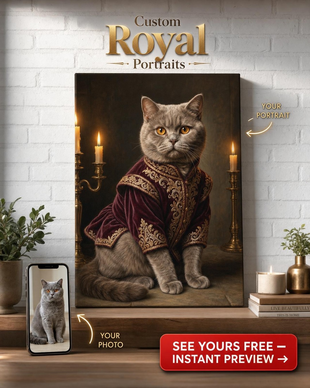 Custom Royal Pet Cat Portrait — Regal Canvas from Photo