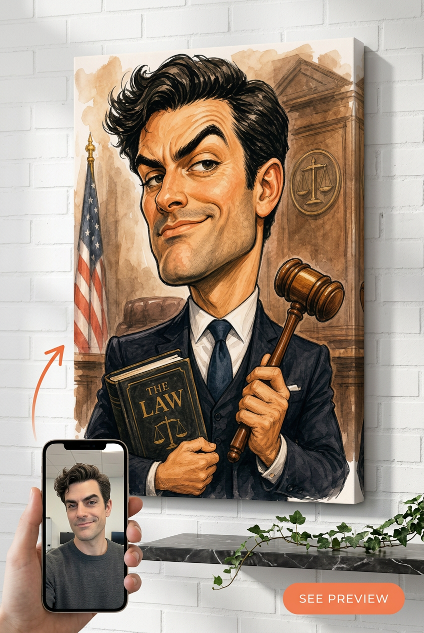 Custom Caricature Single-Man Portrait — Heroic Lawyer from Photo