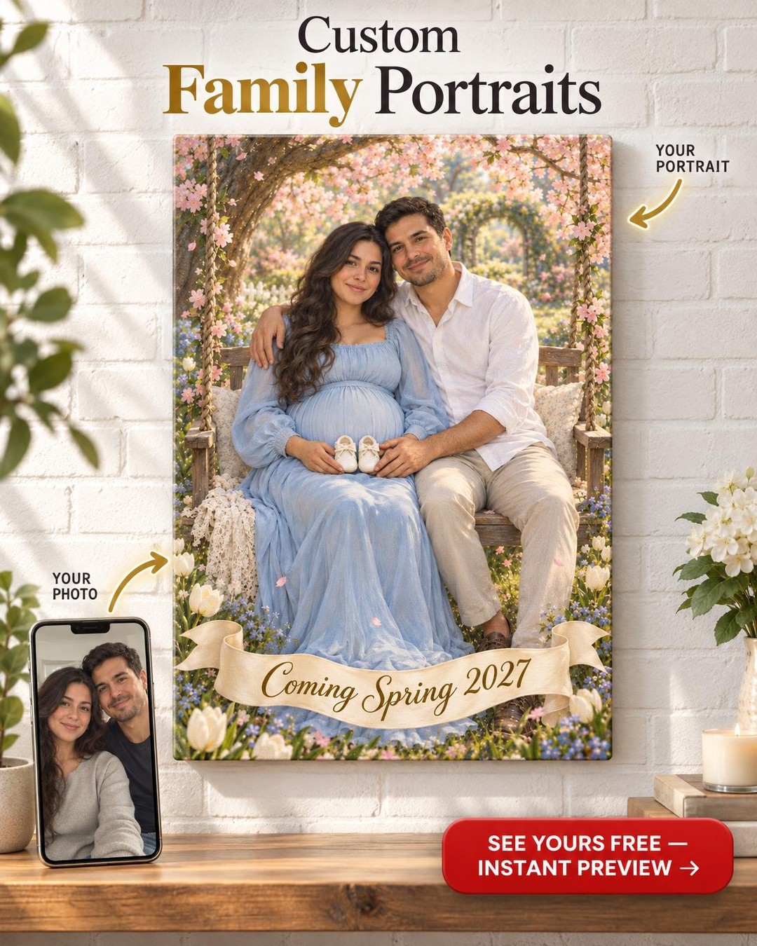 Blossom Swing Couple Maternity Custom Portrait from Photo | Gift for Her