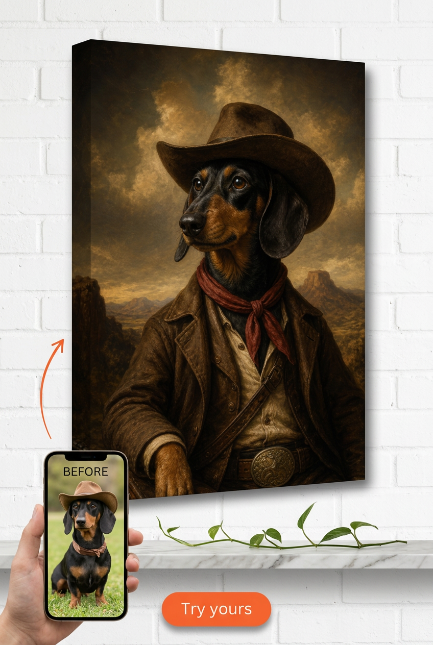 Custom Cowboy Pet Portrait — Whimsical Dog Canvas Art
