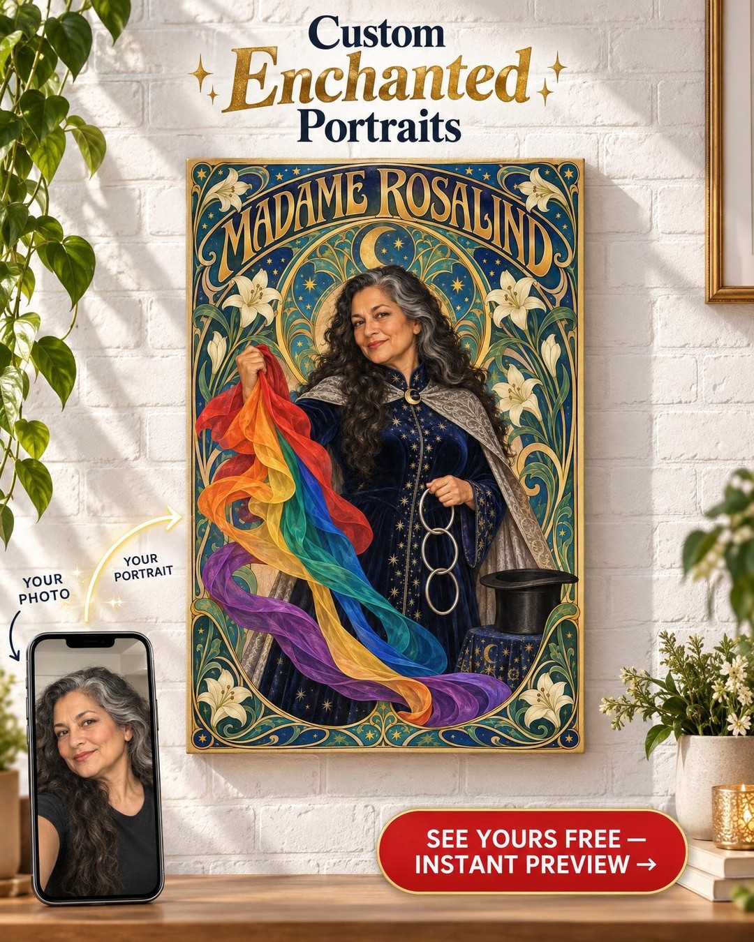 Art Nouveau Magician Custom Portrait from Photo | Personalized Stage Magic Gift