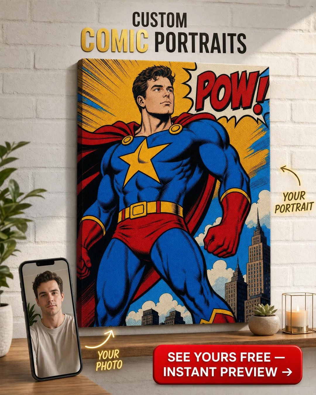 Custom Comic Book Man Portrait — Heroic Superhero Canvas Art