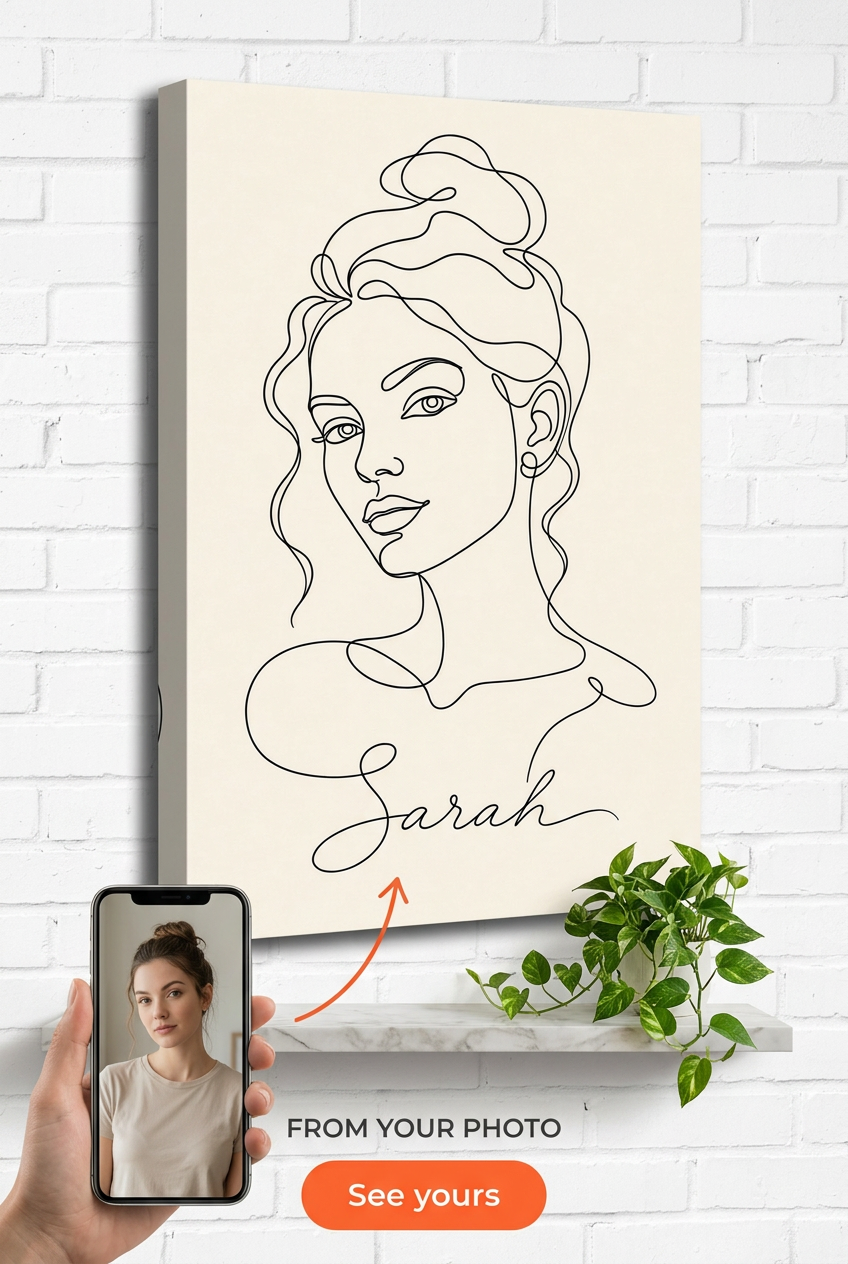 Custom Line Drawing Single Woman Portrait — Serene Canvas for Him