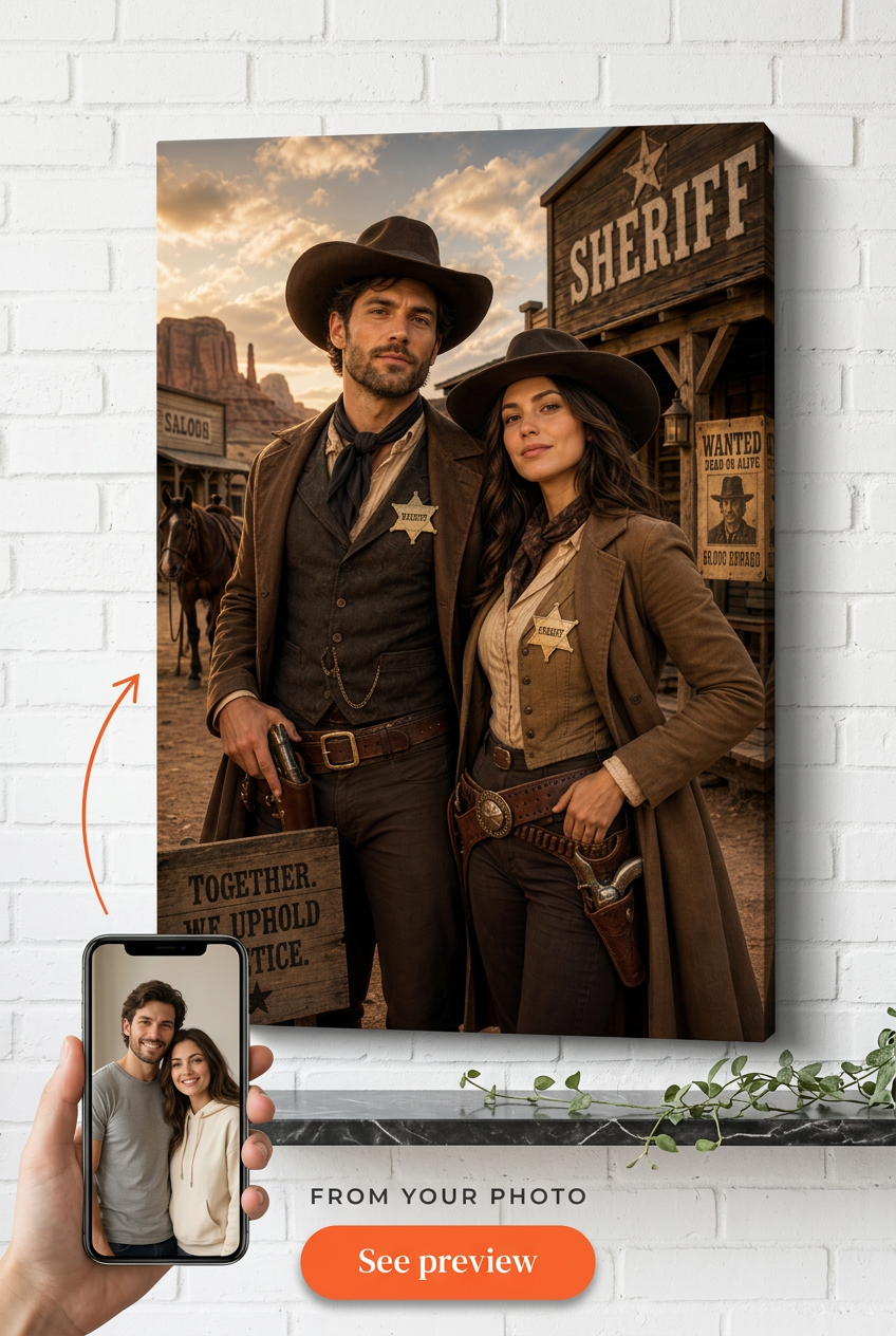 Custom Cowboy Couple Portrait — Heroic Western Sheriff