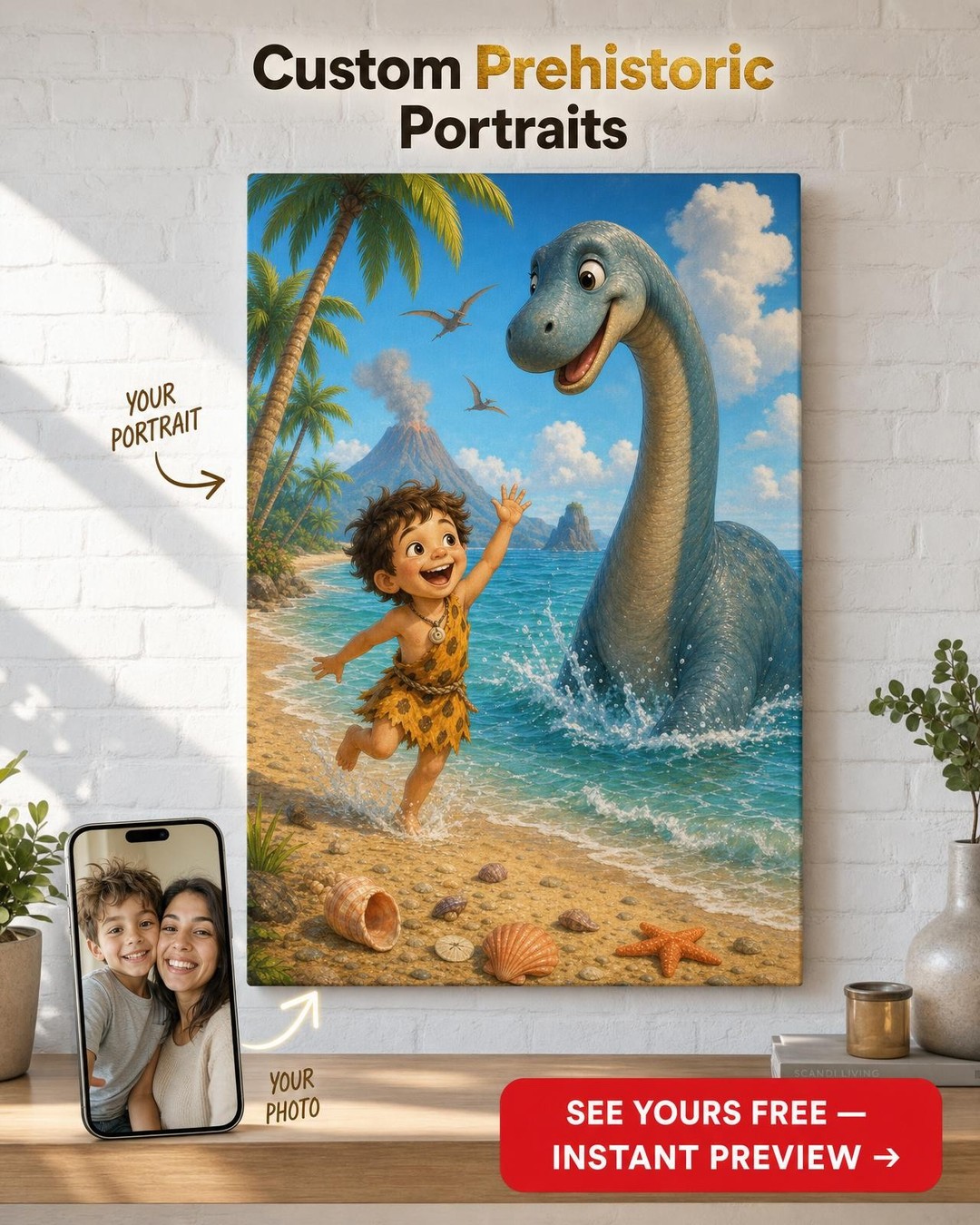 Transform Your Child into a Dino Beach Explorer — Photoreal Custom Canvas