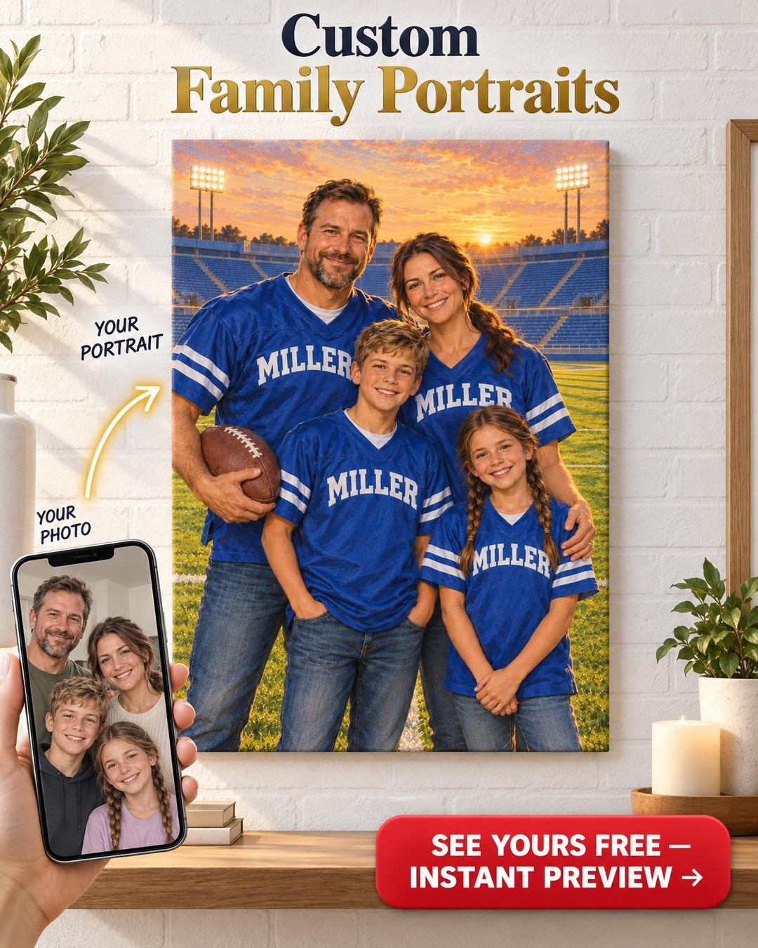 The Family on the Field Custom Portrait from Photo | Personalized Game Day Canvas Gift