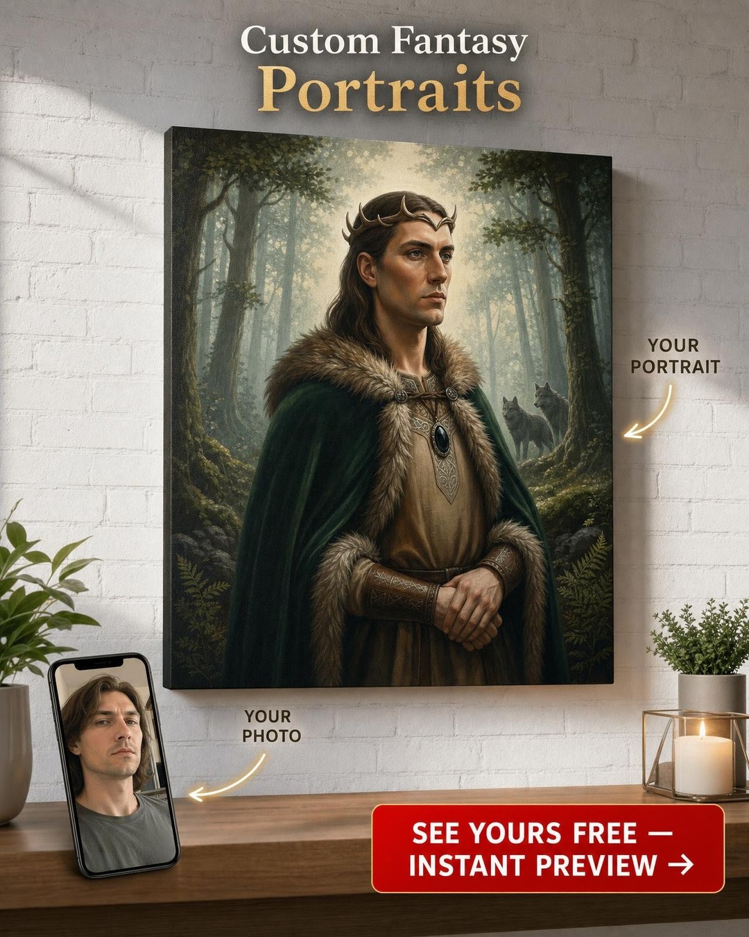 Custom Fantasy Man Portrait — Regal Crown & Forest Canvas