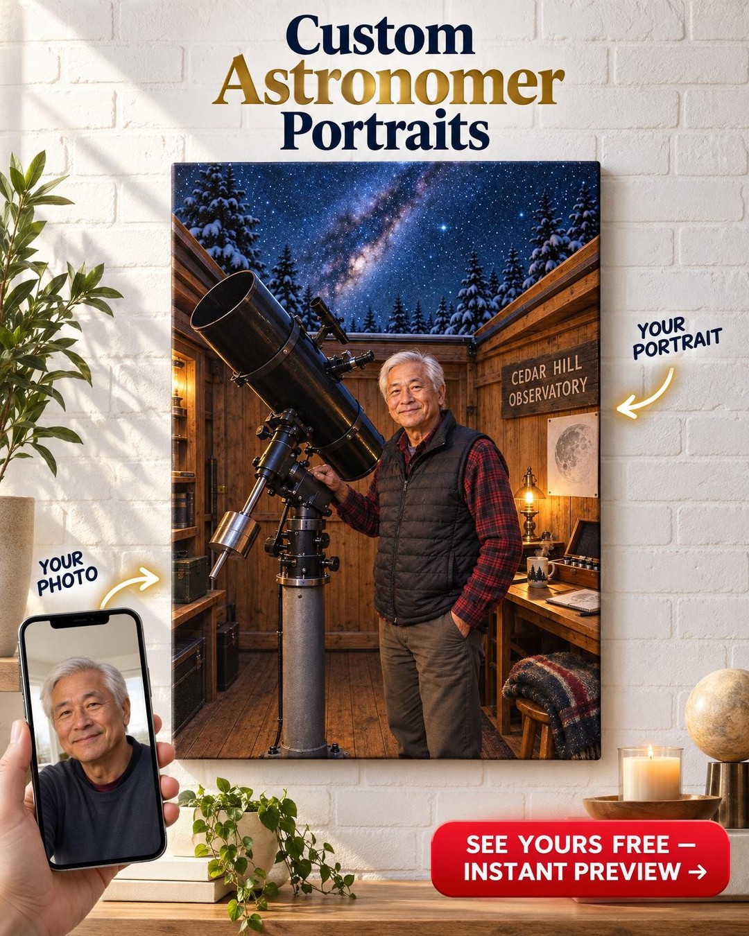 Backyard Observatory Custom Portrait from Photo | Personalized Stargazing Gift