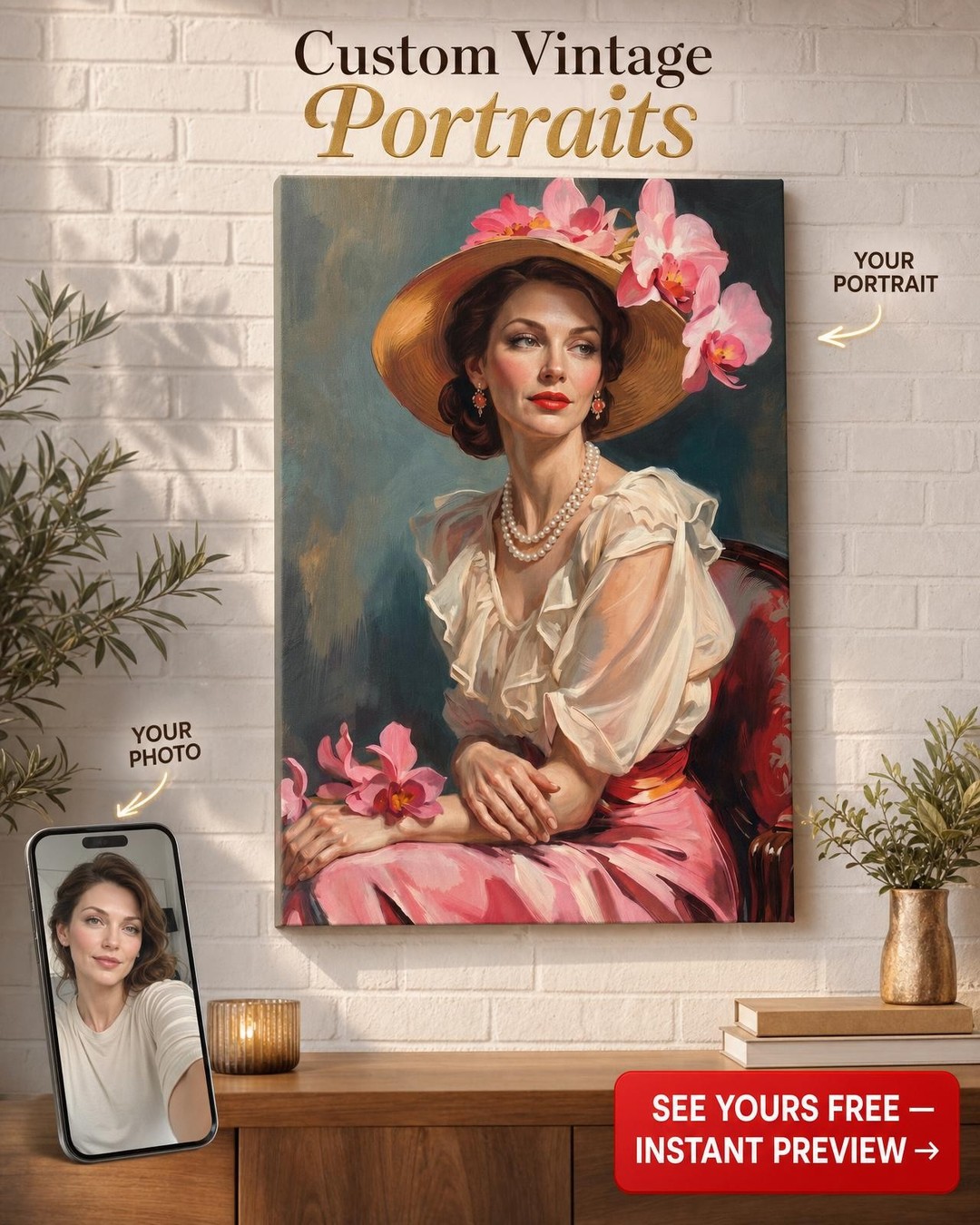 Elegant Victorian Woman Custom Portrait from Photo | Personalized Canvas Gift