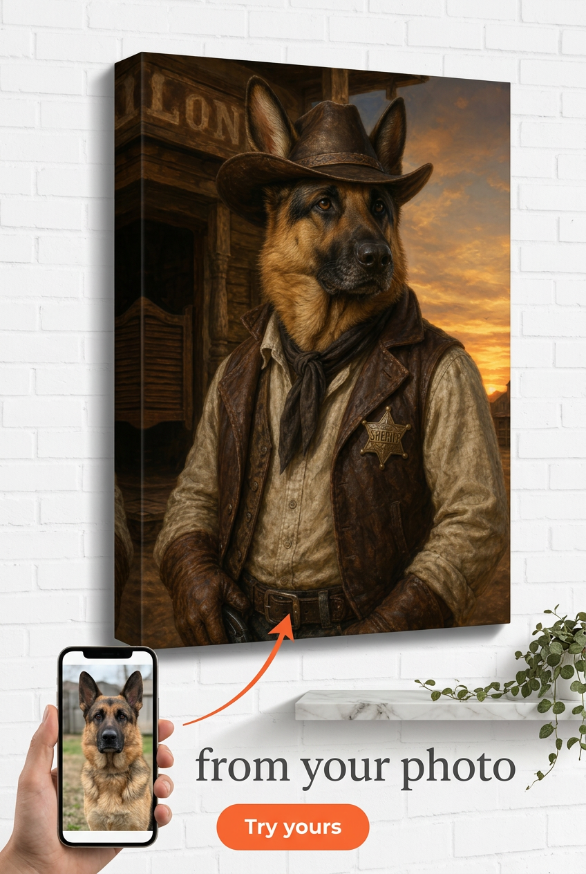 Custom Cowboy Dog Portrait — Heroic Western Canvas