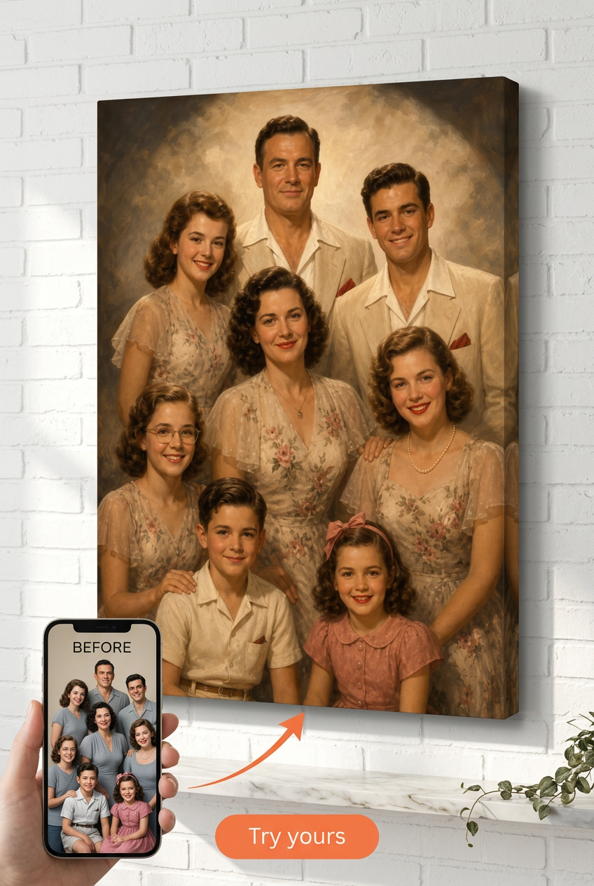 Custom 1940s Hollywood Family Garden Portrait from Photo | Personalized Undefined Gift