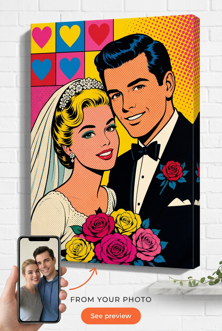 Custom Pop Art Couple Portrait — Romantic Wedding Canvas from Photo