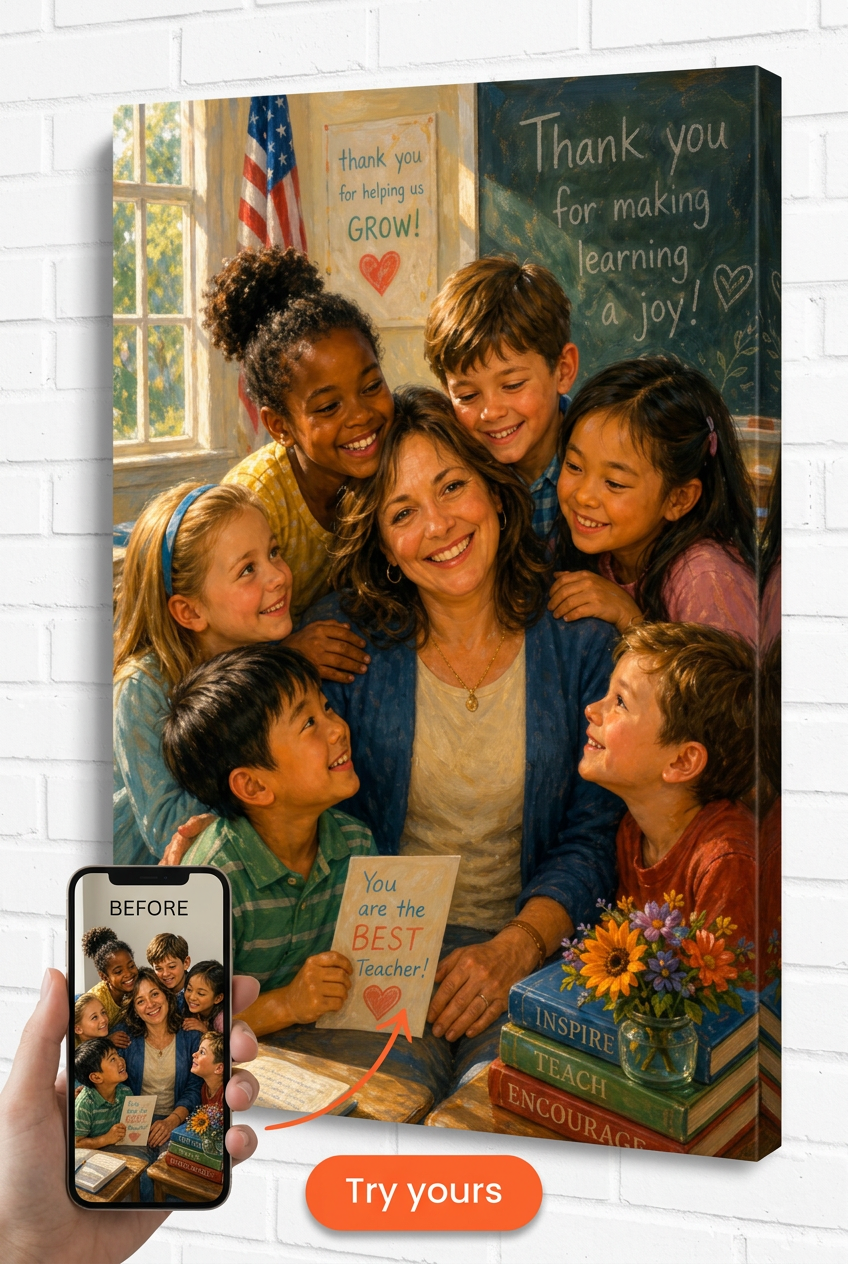 Teacher Gifts — Joyful Classroom Scene Portrait Canvas from Photo