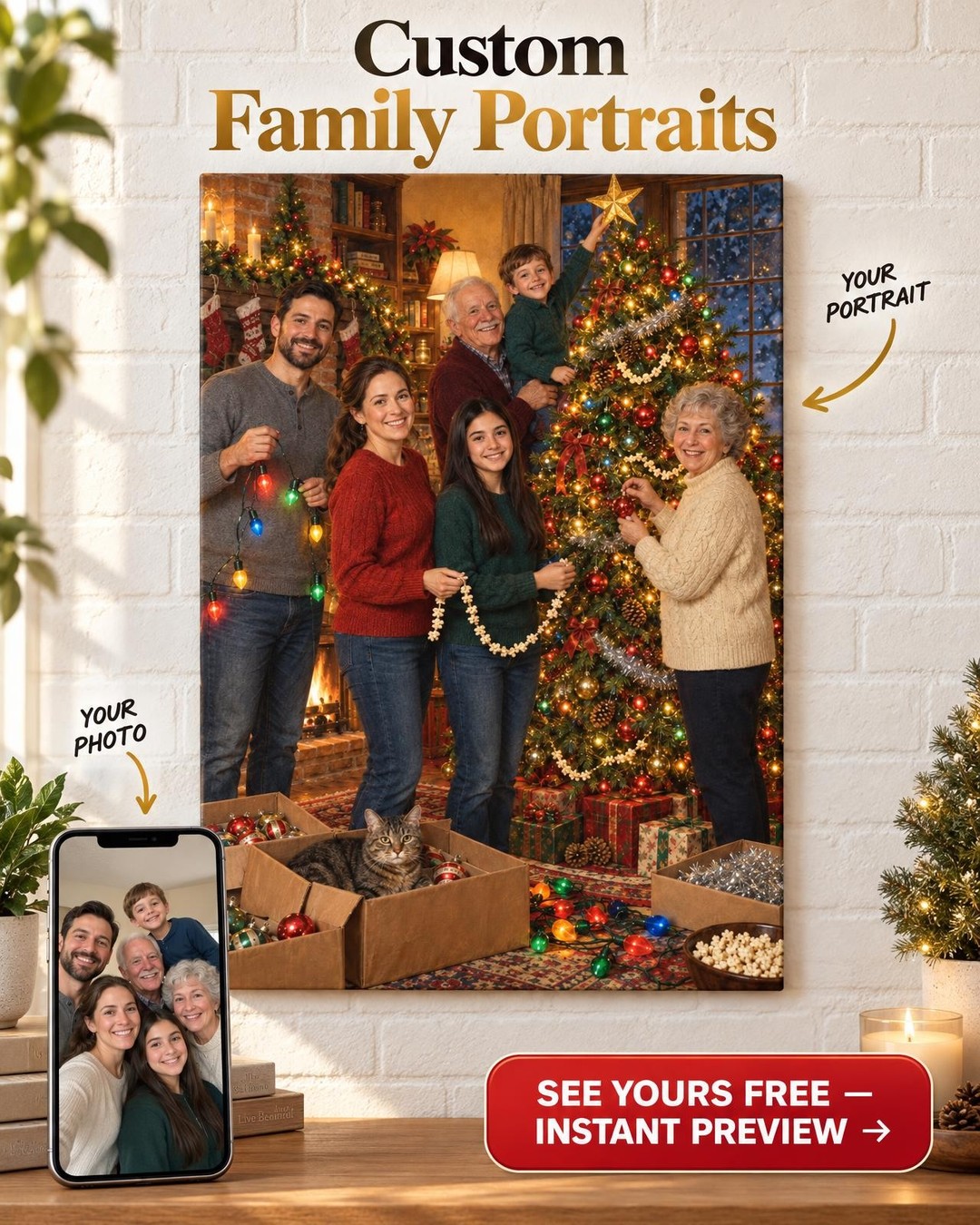 Trimming the Tree Custom Portrait from Photo | Personalized Christmas Portrait Gift