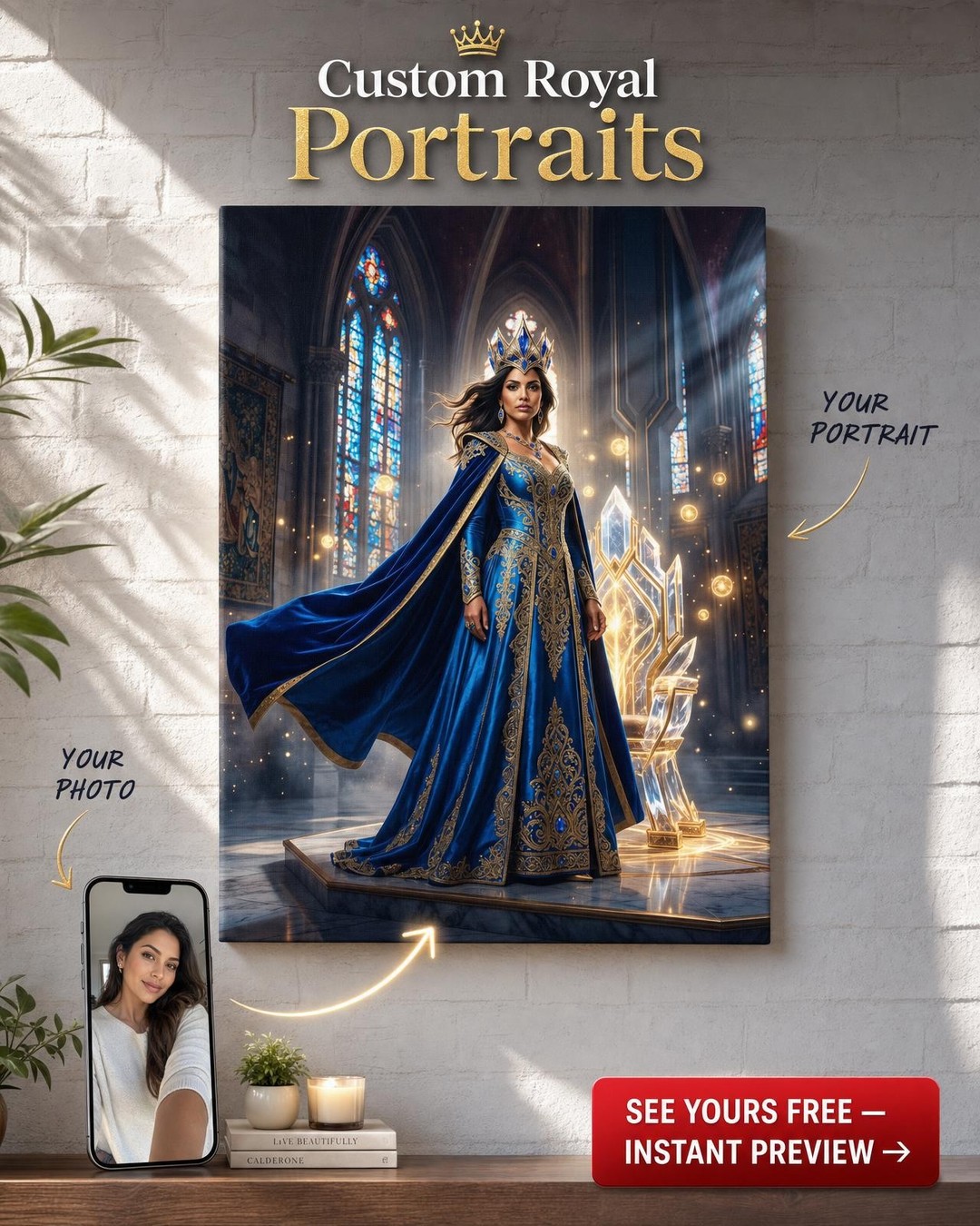 Custom Royal Woman Portrait — Regal Crown & Castle Canvas