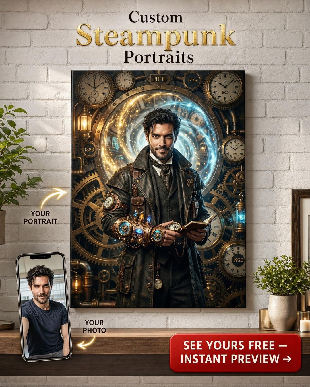 Custom Steampunk Man Portrait — Heroic Gear & Clock Canvas